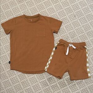Olive + Scout - Boys Camel Brown T-Shirt and Shorts Set - Checkered - Size: 5T